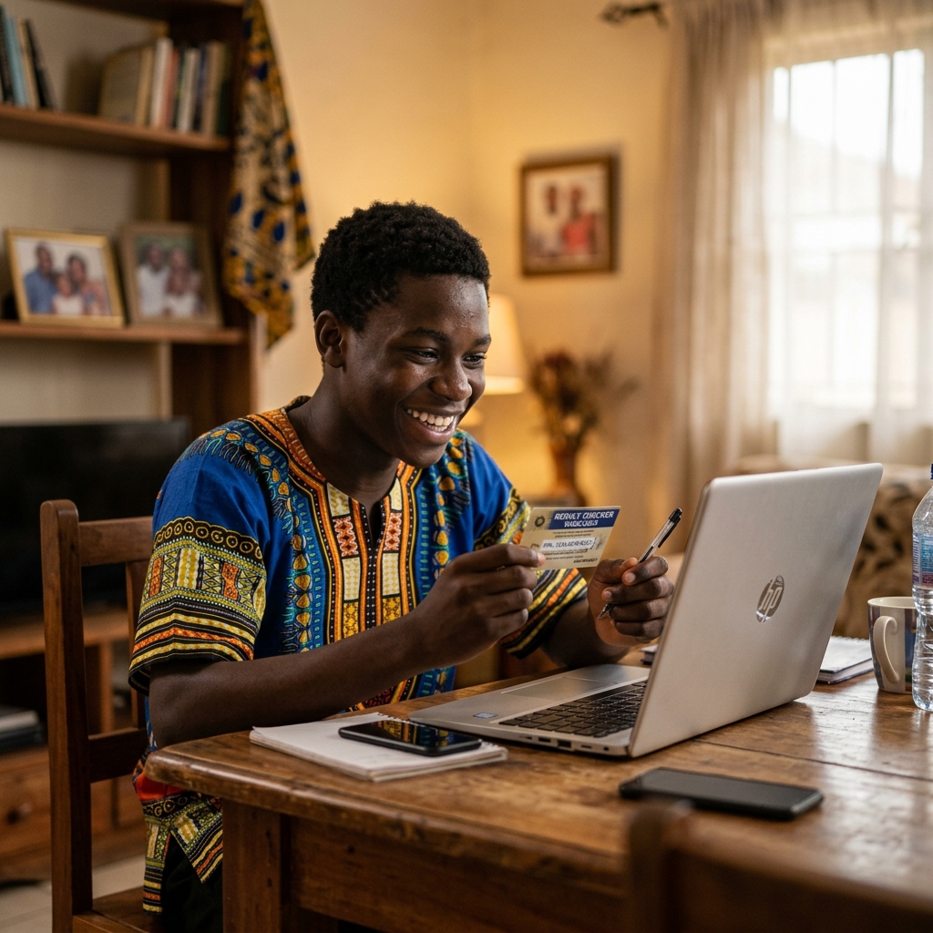 Student at home checking results
